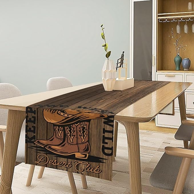 Rustic Western Table Runner, Wild West Cowboy Hat Boot Wooden Design Farmhouse Country Table Runner for Kitchen Dining Party, 13x60 Inch