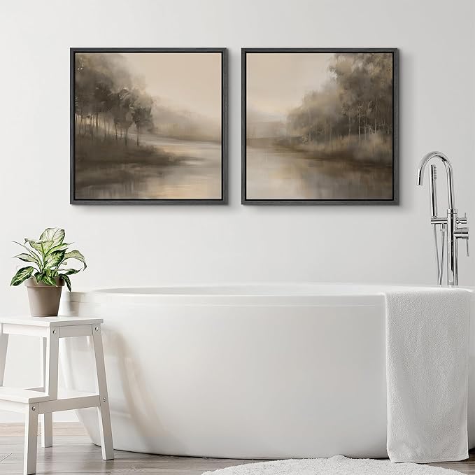 SIGNFORD Framed Canvas Print Wall Art Set Muted Beige Landscape Artwork, Soft Forest Lake Illustrations Modern Art Minimal Relax/Calm for Living Room, Bedroom, Office - 24"x24"x2 BLACK