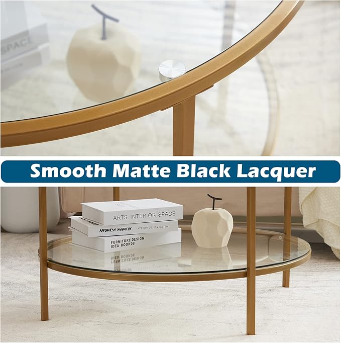 VINGLI Glass Coffee Table,30" Round Coffee Table Gold Coffee Tables for Living Room,2-Tier Glass Top Coffee Table with Storage Clear Coffee Table,Simple & Modern Center Table Mesa de Centro para Sala