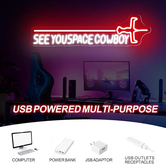 See You Neon Space Sign Retro Anime Cowboy LED Light, Sci-Fi LED Wall Decor for Gaming Room Bedroom Desk Setup, Dimmable USB Neon Light for Anime Fans Man Cave Apartment Streamer Setup, 22x5.9"
