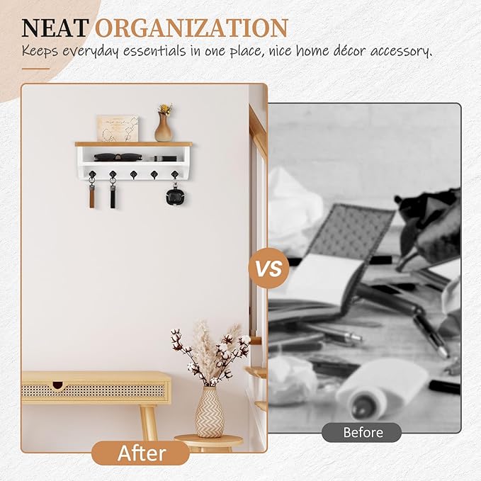 Nekon Key Holder Wall Mount, Wall Organizer Shelf with 5 Key Hooks, Room Decor for Home and Apartment Essentials, Wood and White