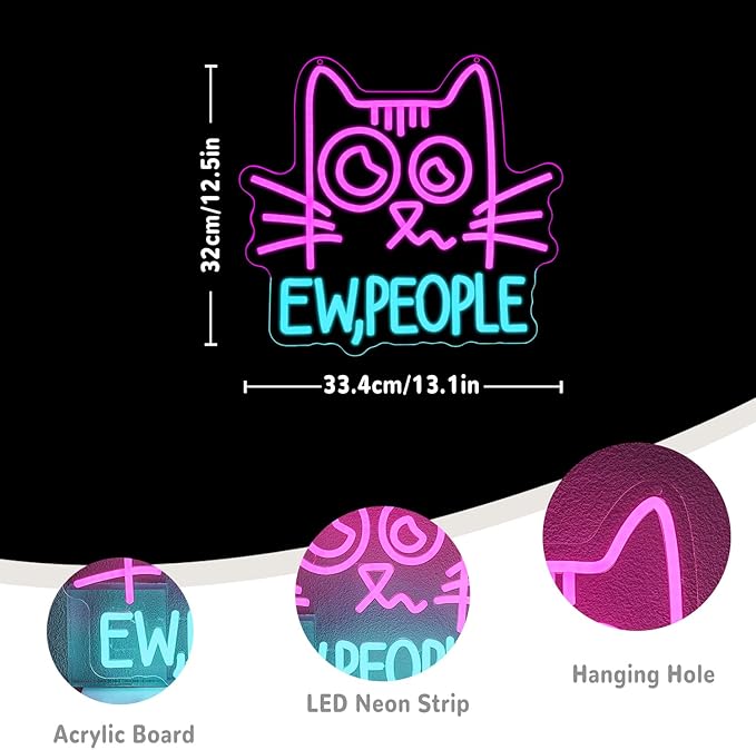 "Ew, People“ Neon Sign for Wall Decor Cat Neon Light Ew People Led Signs Anti Social Introvert Neon Light Up Sign for Bedroom Library Shop Mall Decoration