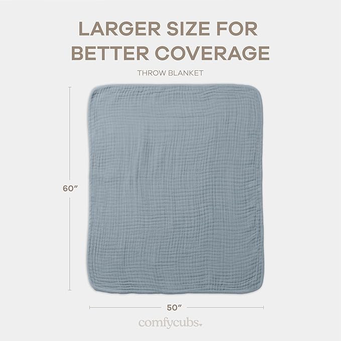Comfy Cubs Muslin Throw Blanket - 50” x 60” Quilted Design - Lightweight, Breathable 6-Layer Gauze Fabric - Soft Cotton Blanket for Home or Travel - Packaged in Elegant Gift Box - Pacific Blue