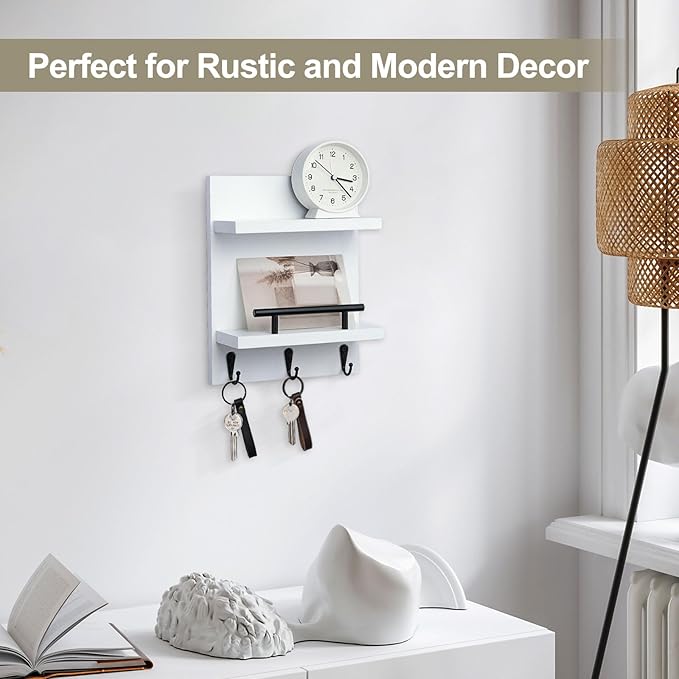 Key Holder Wall Mount, Mail Shelf Decor with 3 Key Hooks, Versatile Wood Wall Organizer for Entryway Hallway (8.2” x 10.6”x 3.6”) (White)