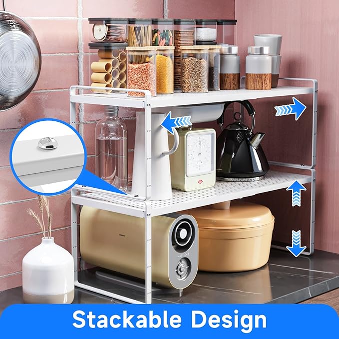 Expandable Kitchen Shelf Organizers, Kitchen Cabinet Organizer Stand Rack Organization for Countertop Cupborad Pantry Spice Rack, White 1 Pack