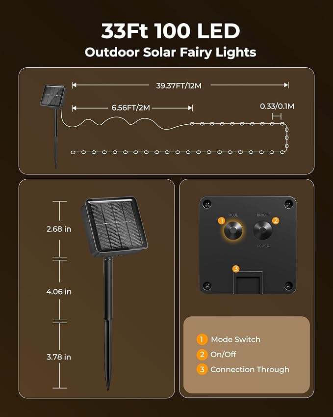 Minetom Solar Fairy Lights,33Ft 100 LED Solar String Lights Outdoor, IP65 Waterproof Patio Lights with 8 Modes for Tree Patio Christmas Party Wedding Decor (Warm White)