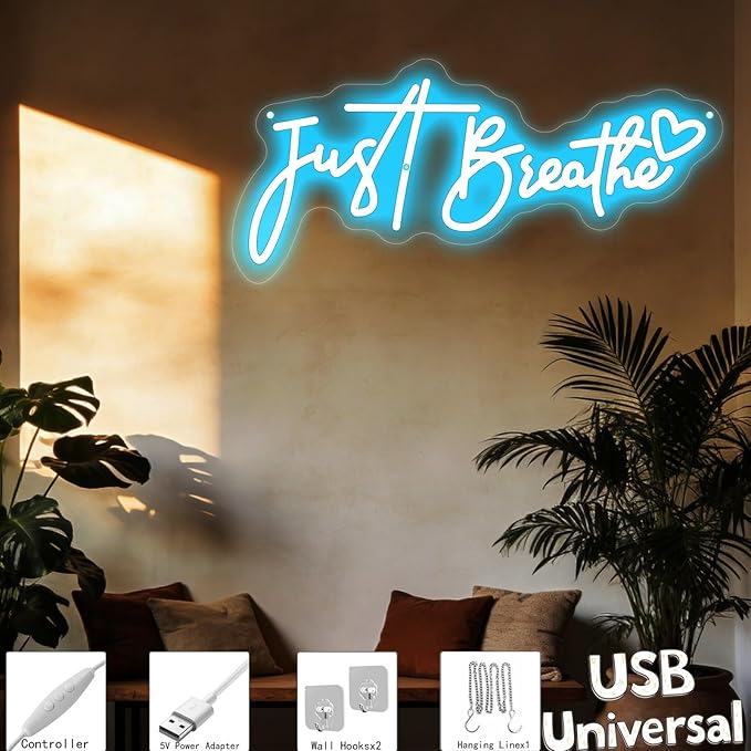 "Just Breathe" Neon Sign Beating Breath , Spa Decor For Wall, Bedroom Aesthetic Neon Light Wall Quote, for Yoga Room Pilates Studio Bedroom Gym Decoration, Meditation Room & Relaxation Gift-17.7IN-Ice Blue