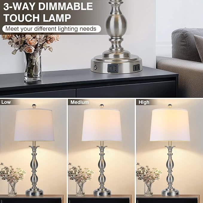 28" Tall Modern Table Lamp with USB A+C Ports and AC Outlet, 3 Way Touch Metal Bedside Lamps for Bedroom, Silver Farmhouse Nightstand Lamps for Living Room