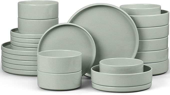 E-far Dinnerware Sets with Pasta Bowls, 24-Piece Stoneware Plates and Bowls Sets for 6 | Microwave & Dishwasher Safe Kitchen Modern Dish Set, Speckled Green