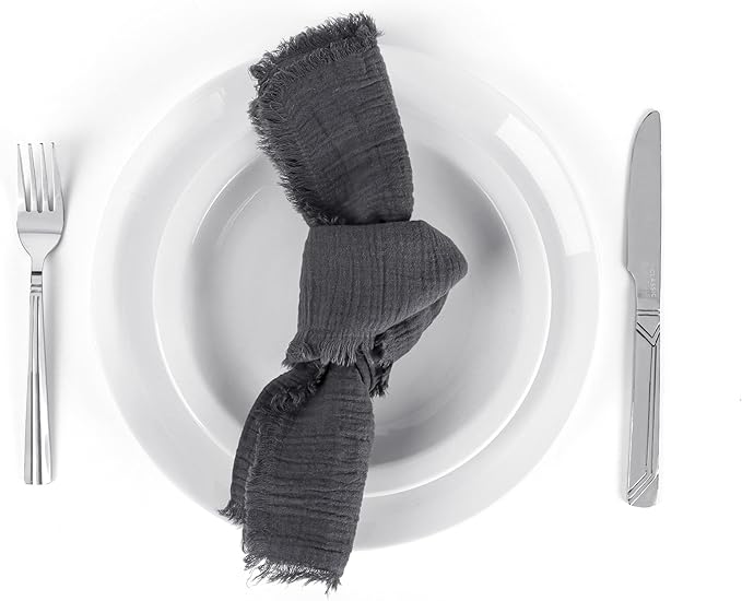FINGERCRAFT Cloth Napkins Natural Cotton Cheesecloth Set of 12 Premium Fringe Design Dinner Napkin Soft Durable Ideal for Dining Room, Restaurant, Weddings Events Washable Good Absorbency Black