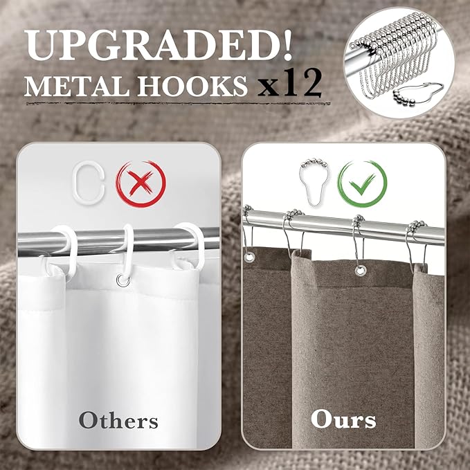 Seasonwood Linen Shower Curtain Neutral Vintage Farmhouse Linen Shower Curtains for Bathroom Boho Bathroom Decor with 12 Sturdy Stainless Steel Sliding Hangers(Deep Taupe,60x72 Inches)