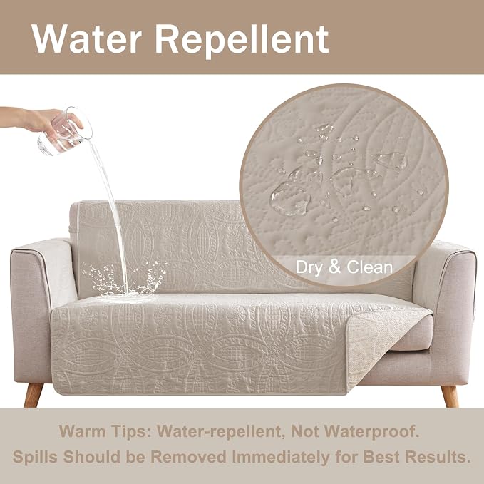 Beige Loveseat Covers for 2 Cushion Couch, Water-Repellent Covers for Sofa Couch, Machine Washable Love Seat Quilted Couch Covers, Pet Friendly Loveseat Slipcovers (Loveseat 56", Beige Cream)