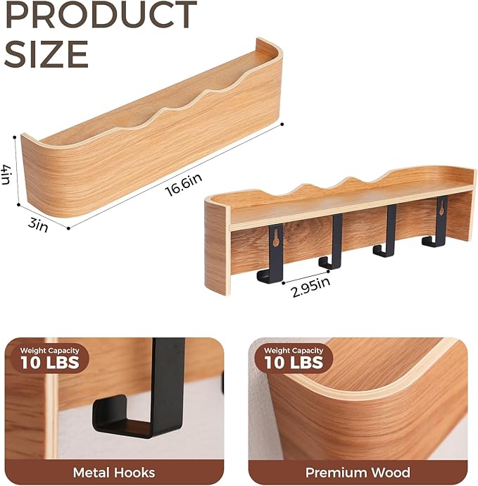 Coat Rack Wall Mount with Shelf Entryway Shelf Modern Key Holder Hanger Wall Shelves with Hidden Hooks for Hanging Towels Coats Hats Bags for Hallway Bathroom Bedroom(Wavy Oak, 4 Hooks)