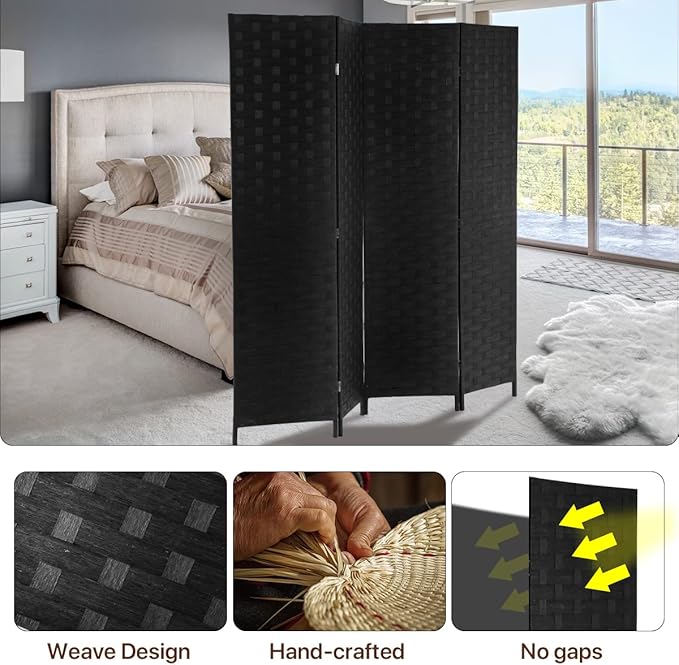 Room Dividers and Folding Privacy Screens 4 Panel 6 ft Foldable Portable Room Seperating Divider, Handwork Wood Mesh Woven Design Divider Wall, Room Partitions and Dividers Freestanding
