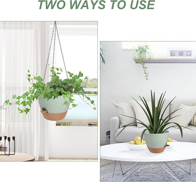 Vanslogreen Hanging Planters for Indoor Outdoor Plants, 2 Pack Self Watering Hanging Pot with Drainage Holes & Removable Tray (Green, 8'')
