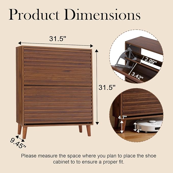 Narrow Shoe Storage Cabinet for Entryway 31.5'' Hidden Shoe Rack Cabinet with 2 Flip Drawers, Wood Slim Shoes Organizer with Wood Stripes for Hallway, Living Room (Walnut)