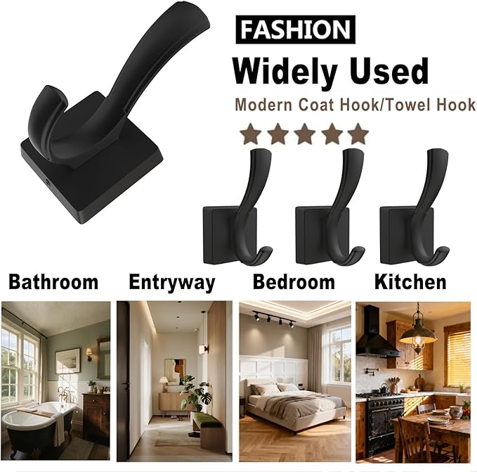 TOFIIGREM Black Hooks for Wall Towel Hooks, Heavy Duty Thick Aluminum Alloy Entryway Coat Hooks for Hanging Key Robe Hat Backpack, Wall Mount Towel Hooks Bath Kitchen Garage Hooks(4 Pack, Black)