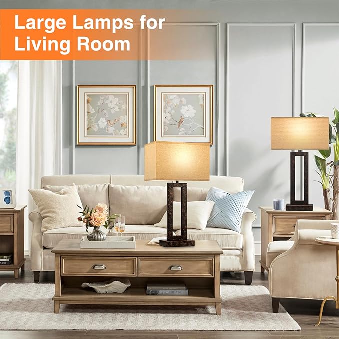 Seealle 22" Tall Living Room Lamps for Night Stands - Touch Bedside Lamp with USB C+A, 3 Way Dimmable Bedroom Lamps for End Tables Set of 2, Modern Night Stand Lamp for Bed Side(Beige&Brown)