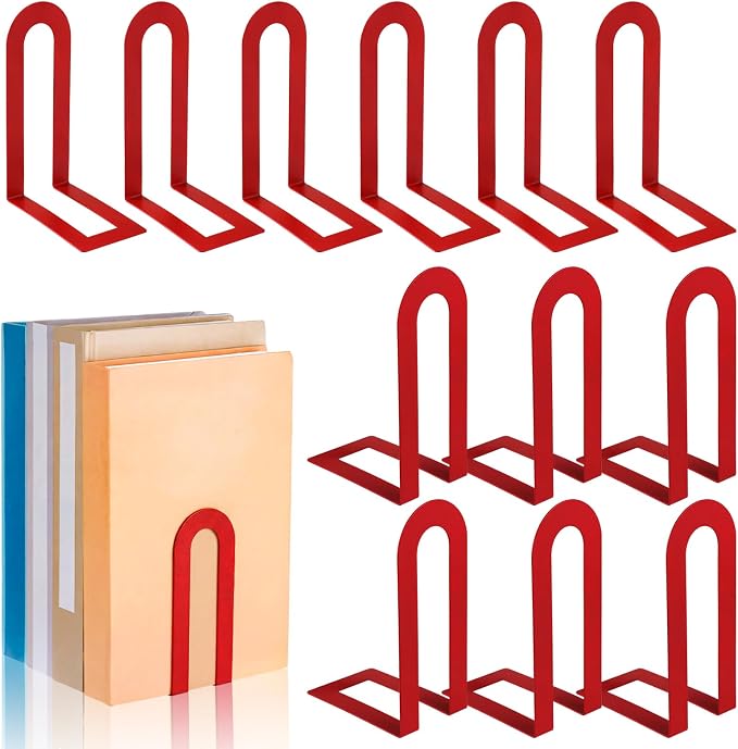 Chunful 12 Pcs Modern Metal Book Ends for Shelves Decorative Small Bookends Book Shelf Organizer Minimalist Design Stopper to Hold Books for Home Office (Red,5.5 * 3.75 * 2.25inch)