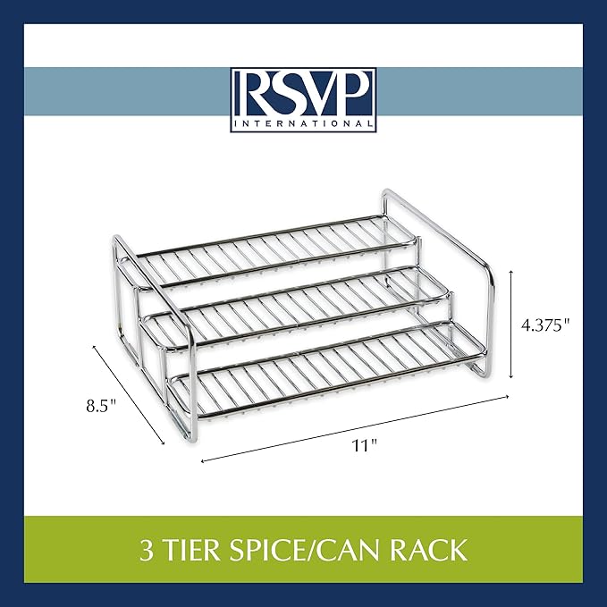RSVP International Can Rack/Spice Jar Organizer, Multi-Purpose Kitchen Countertop, Cabinet & Pantry Space Saving 3-Tier, 11x9x5", Stainless Steel