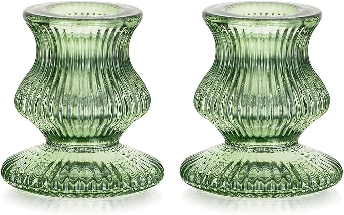 Romadedi Glass Candle Holders for Candlestick - 2 Pcs Green Ribbed Tapered Candle Holder Decor for Table Centerpiece Christmas Party Living Room Dinner Advent