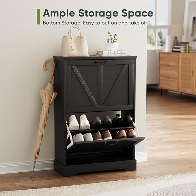 Smart FENDEE Shoe Cabinet, Shoe Storage Cabinet for Entryway with 2 Flip Drawers, Narrow Farmhouse Shoe Organizer Cabinet, Slim Shoe Rack Cabinet, 23.6in Black