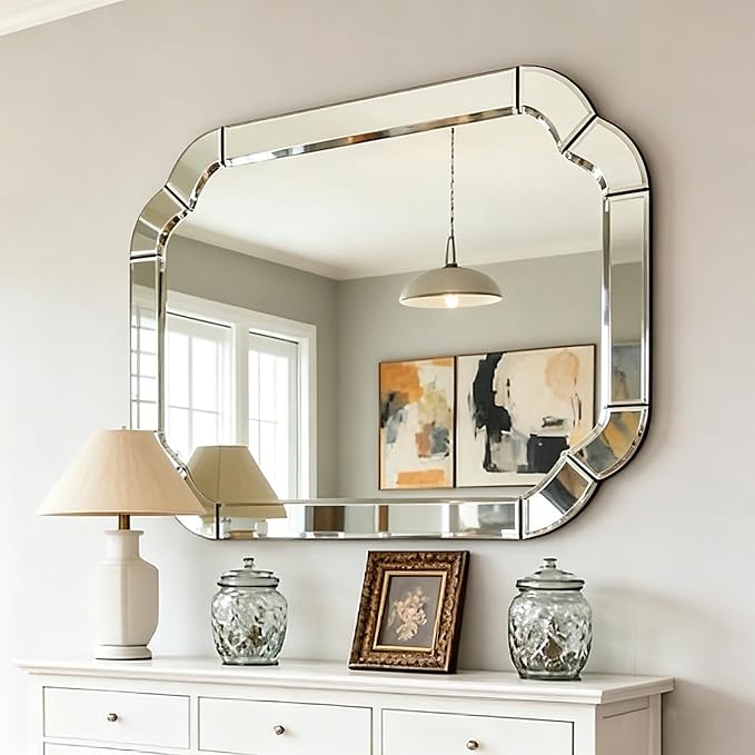 47.2" x 31.5" Large Entry Mirror, Wall Mounted Arched Mirror with Decorative Scalloped Beveled, Rounded Corner Wavy, Suitable for Bathroom, Dining Room, Living Room, Bedroom, Entryway