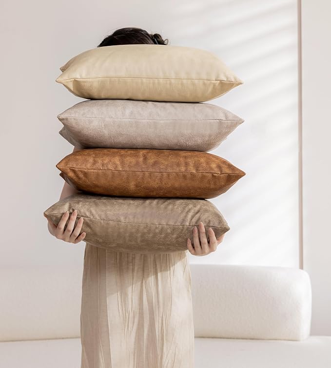 Pack of 4 Neutral Lumbar Decorative Faux Leather Throw Pillow Covers 12x20 inch, Soft Modern Boho Luxury Waterproof Floor Cushion Cases, for Outdoor Lounge Sofa Couch Bed Home Decor