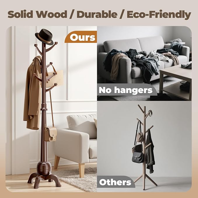 Wood Coat Rack Freestanding, Solid Wooden Hall Tree with 8 Hooks, Coat Tree Freestanding Heavy Duty with Stable Base, Entryway Hallway Bedroom Office Use, 240lbs Load Capacity H:71.6in (Black-Red)