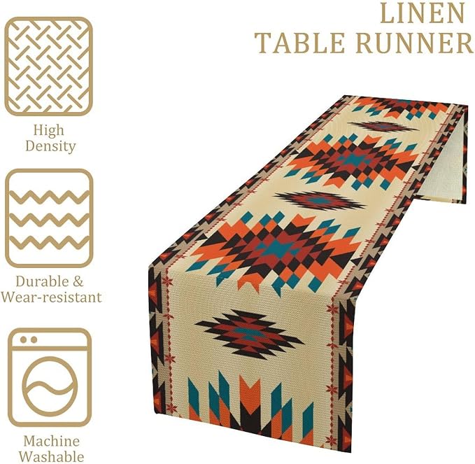 Aztec Southwest Table Runner, Ethnic Style Design Geometric Triditional Kitchen Table Runners Table Setting Decor for Garden Farmhouse Wedding Party Holiday 13x120 Inch