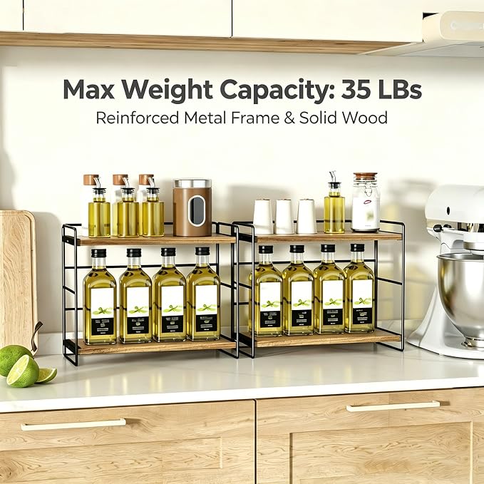 SRIWATANA 2 Pack Bathroom Counter Organizer, 2 Tier Countertop Organizers, Kitchen Counter Shelf Spice Rack Countertop Storage Wood Shelf - Carbonized Black