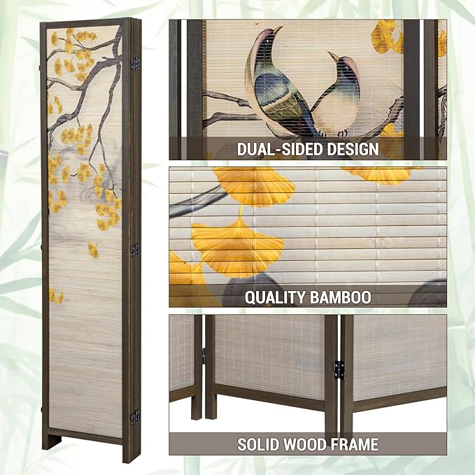 MyGift 6-Panel Large Bamboo Room Divider with Dual-Sided Asian Birds and Gingko Tree Sunset Print, Freestanding Privacy Screen with Brown Solid Wood Frame
