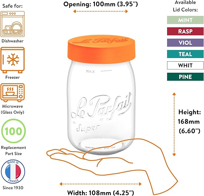 Le Parfait Eco-Friendly Zero Waste Wide Mouth Glass Jar with Airtight Screw Top Lid – Reusable French Storage Jar for Food, Soup, Flour, Sugar, Canning & Baking (1L/32oz, 1 Pack, Orange)