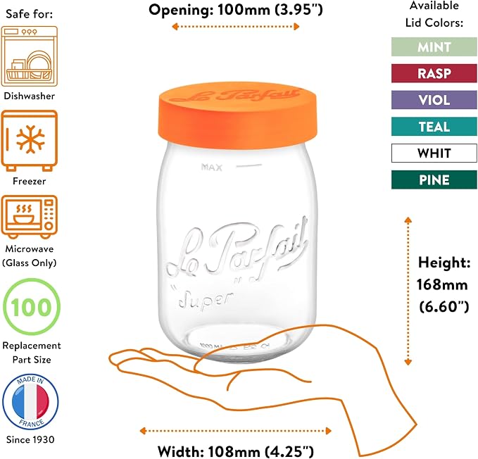 Le Parfait Eco-Friendly Zero Waste Wide Mouth Glass Jar with Airtight Screw Top Lid – Reusable French Storage Jar for Food, Soup, Flour, Sugar, Canning & Baking (1L/32oz, 4 Pack, Teal)