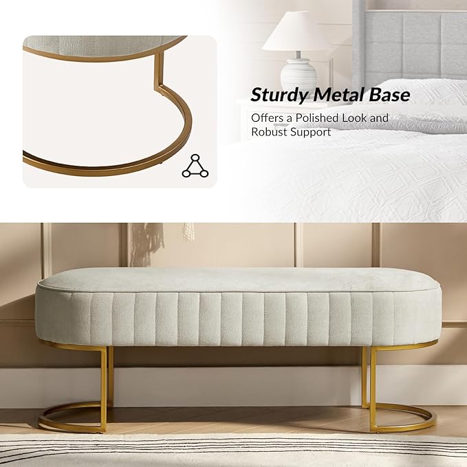 EcoHarbor Living 46" Velvet Bench, Upholstered Entryway Bench End of Bed with Gold Legs, Bed Ottoman Bench for Bedroom Living Room Footrest Stools, Beige