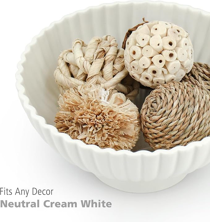 Modern 8 Inch White Ceramic Fruit Bowl - Small Footed Pedestal Fruit Bowl for Kitchen Counter, Farmhouse Chic Centerpiece for Dining Coffee Table & Home Decor,Key Ruffle Bowl for Entryway Table ﻿