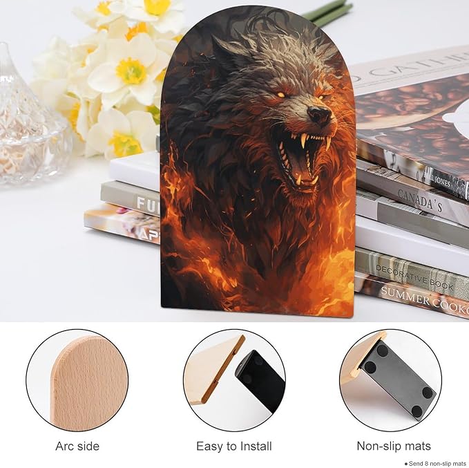 Wild Wolf in The Fire Book Ends Wooden Bookends Non-Skid Metal Base Heavy Duty Book Shelves Decor, Decorative Bookends for Books/CDs Bookshelf Table Home Decor