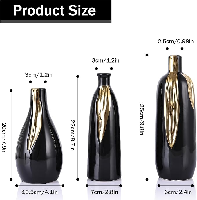 Ceramic Vase 3 Piece Set, Gold and Black Vases for Home Decor, Decorative Vases for Mantel, Shelf and Entryway Decor, Dining Table Centerpieces, Living Rooms, Fireplaces and Kitchen Decor.