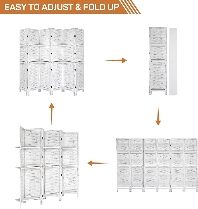 Bonnlo Wood Room Divider Privacy Screen, 5.9 Ft Tall Folding Partition Wall Divider, Indoor Freestanding Hinged Space Separator (Grey, 6 Panel with Shelves)