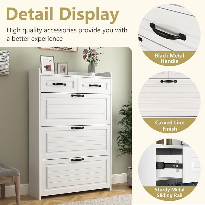 Large Shoe Cabinet for Entryway, Slim Hidden Shoe Storage Cabinet with 3 Flip Drawers and 2 Top Drawers,Shoe Rack Organizer Cabinet for Hallway, White