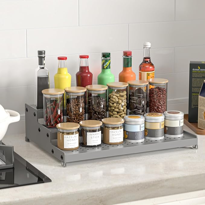Expandable 3-Tier Metal Spice Rack, Heavy Duty Kitchen Step Shelf Organizer for Cabinet, Pantry & Countertop, Non-Slip Storage for Spices, Perfumes & Collectible Figures(GREY,2PACK)