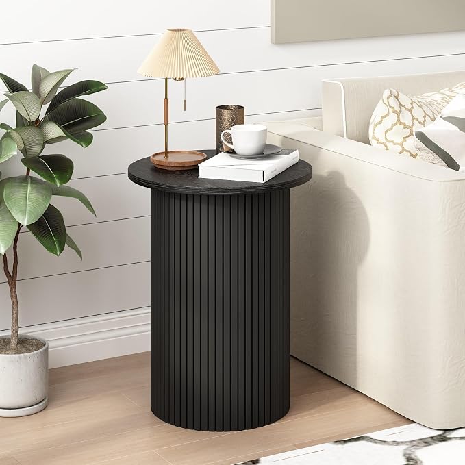 Wnutrees Round Fluted End Table, Small Accent Pedestal Side Table, Wood Fluted Nightstand Bedside Table for Living Room, Handcrafted Finish, Black