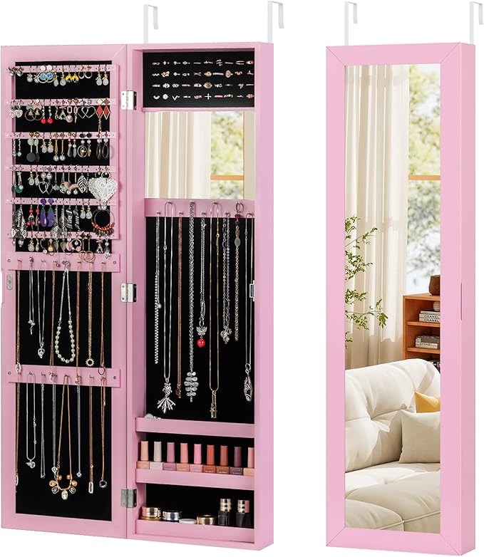 GOFLAME Mirror Jewelry Cabinet Wall Mounted, 43.5” Full Length Mirror with Storage, Interior Build-in Mirror, Over the Door Jewelry Chest, Modern Jewelry Storage Organizer for Women, Pink
