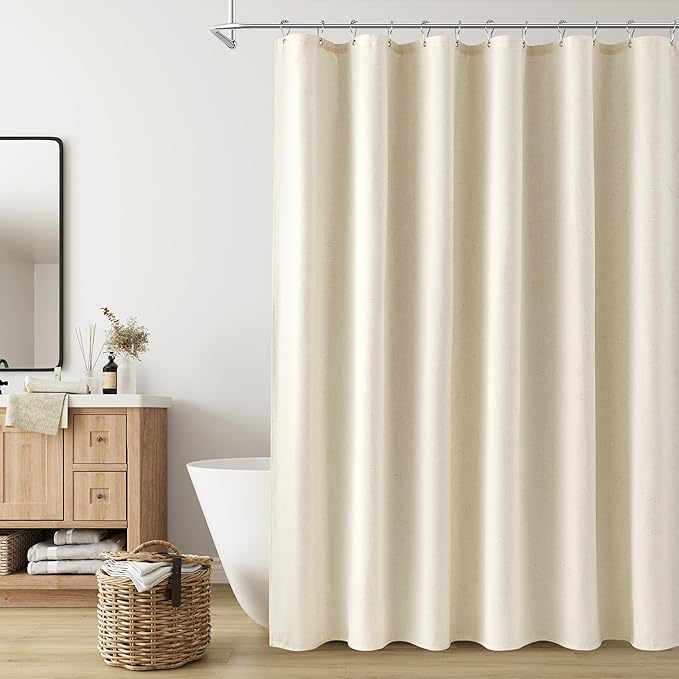 Naturoom Warm Beige Linen Shower Curtain, Country Boho Farmhouse Bath Decor Shower Curtains Neutral Cloth Weighted Textured Fabric Bath Curtain Liner with Hooks, 72x78