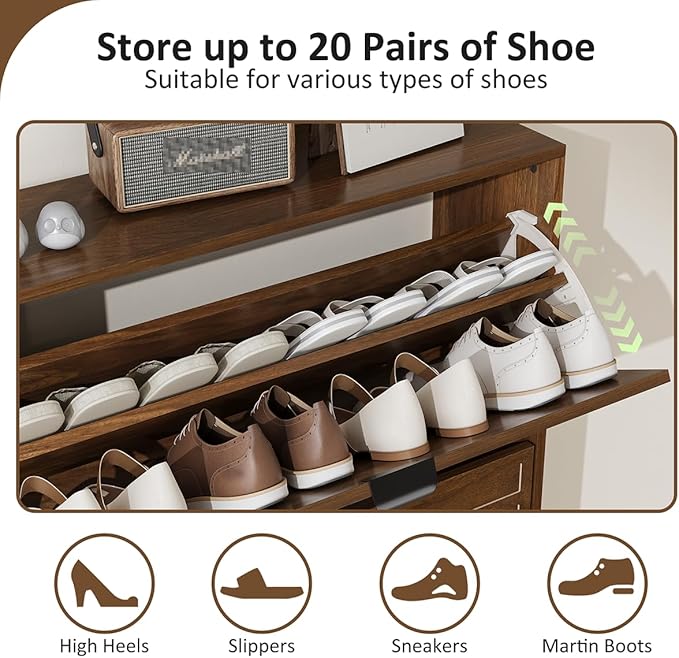 Shoe Cabinet Storage for Entryway with 2 Flip Drawers, Narrow Shoe Cabinet with Black Handles for Entryway, Hidden Slim Shoe Organizer Rack, 31.5" w x 9.45" D x 39" H