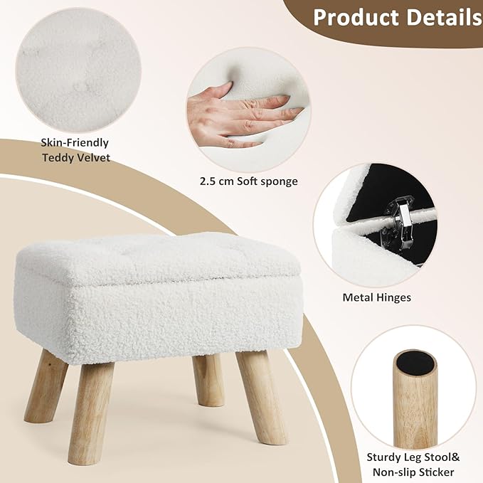 OGEMXU Storage Ottoman, Small Foot Stool Ottoman with Storage, Boucle Teddy Velvet Foot Rest with Padded Seat, Sturdy Wood Legs Stool for Living Room, Bedroom, Couch, Enterway (Cream)