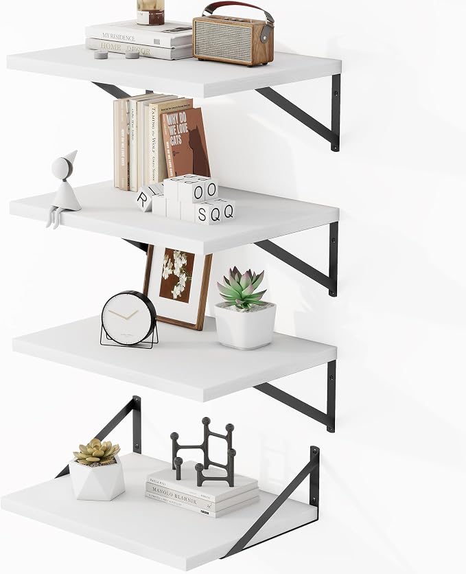 Heimlove 12 Inch Deep Floating Shelves for Wall, 16W x 12D Wide White Floating Shelves Heavy Duty Wall Mounted Shelves, Wood Wall Shelves for Living Room Bedroom Bathroom Kitchen- Set of 4
