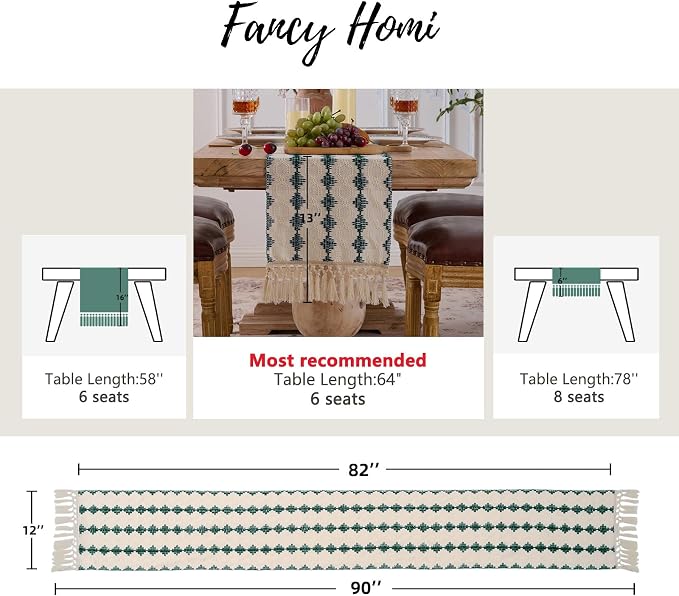 Fancy Homi Hunter Green Boho Cotton Polyester Table Runner 90 Inches Long, Farmhouse Macrame Table Runners with Tassels for Home Party Bohemian Rustic Bridal Shower Kitchen Dining Decor 12x90 Inches