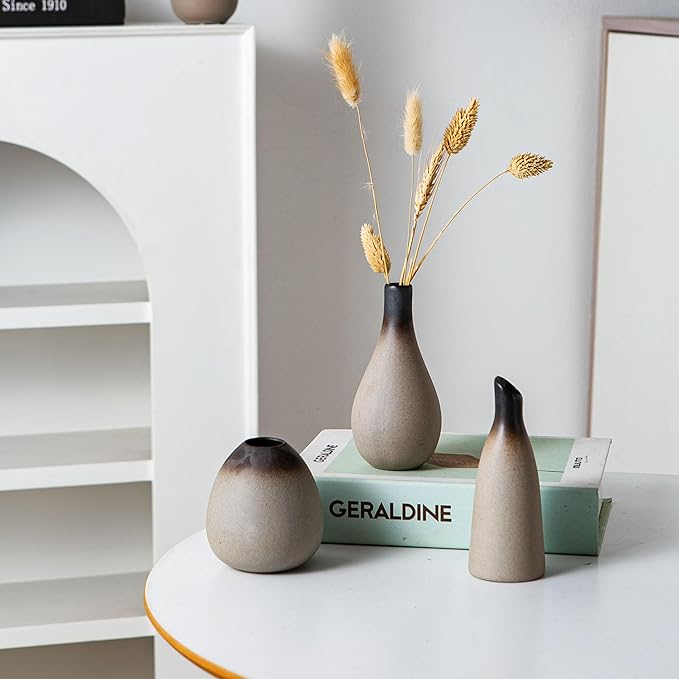 Tanvecle Rustic Ceramic Bud Vase Set of 11, Small Vases for Pampas Grass, Flowers, Modern Farmhouse for Home Decor, Vintage Decor, for Living Room, Dining Table & Shelves