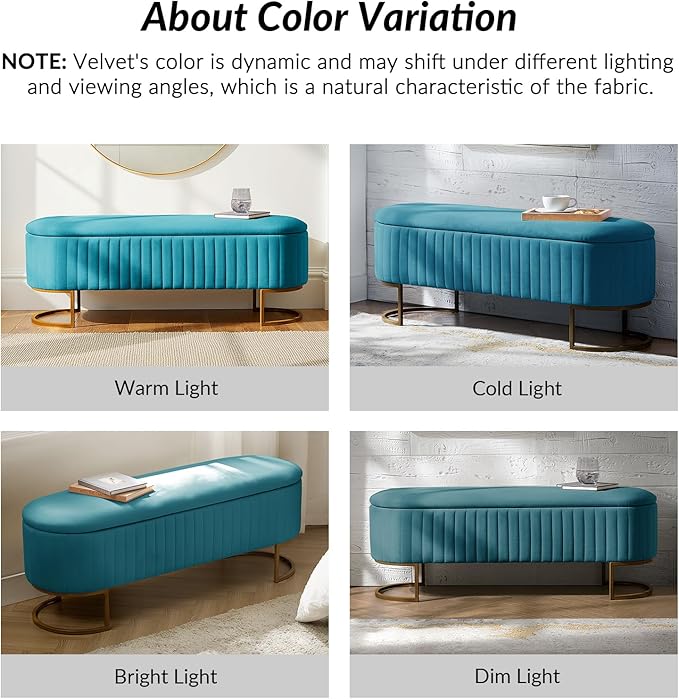 50.5” Velvet Storage Ottoman Bench with Gold-Toned Legs, Luxury Upholstered End of Bed Multi-Functional Footrest & Seat for Bedroom & Entryway